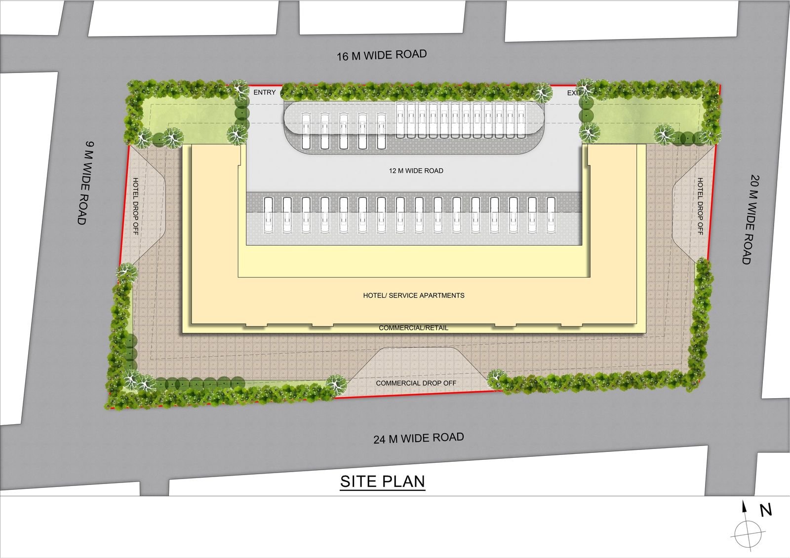 Centre Point Janakipuram site plan – 24 m, 20 m, 16 m and 9 m wide roads, commercial drop-off, hotel drop-offs and parking